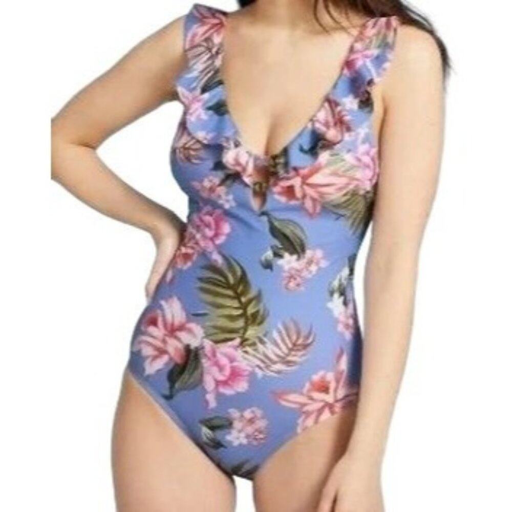 Kona Sol Over the Shoulder Ruffle High Coverage One Piece Swimsuit Womens M